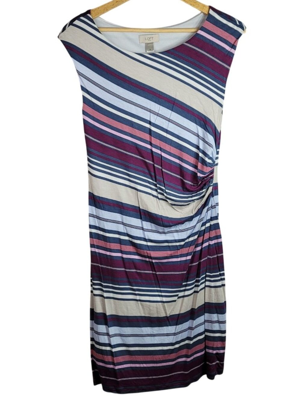Ann Taylor LOFT Sheath Dress Purple Med Stripe Sleeveless Lined Ruched Pullover